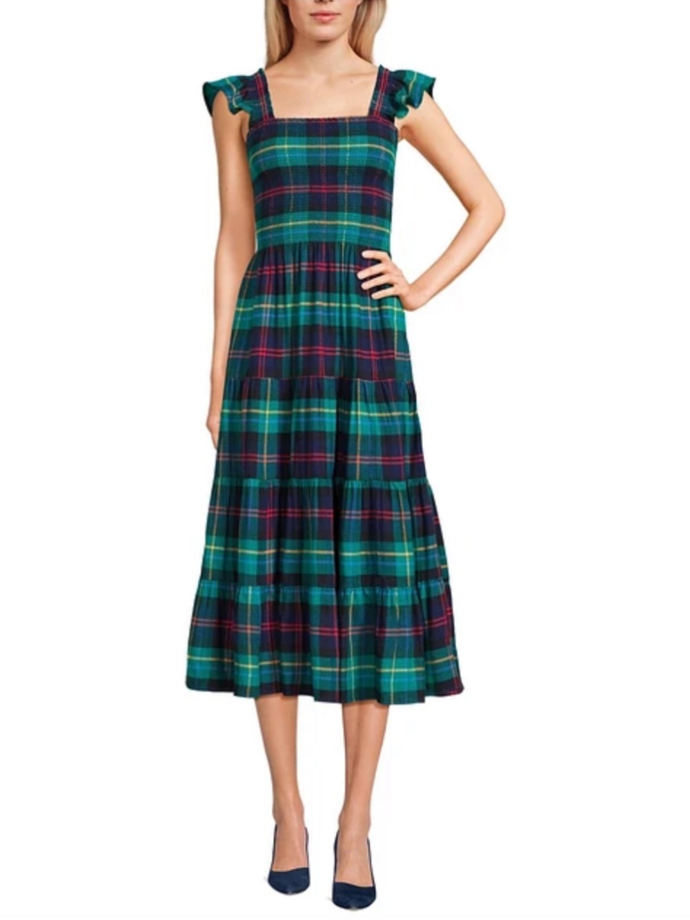 Lands' End Women's Drapey Flannel Smocked Midi Dress with Ruffle Straps - Size L